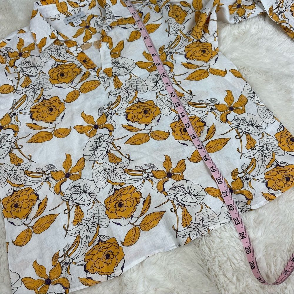 Calligraphie White & Yellow Floral Print Linen Blouse, M - Picture 5 of 7